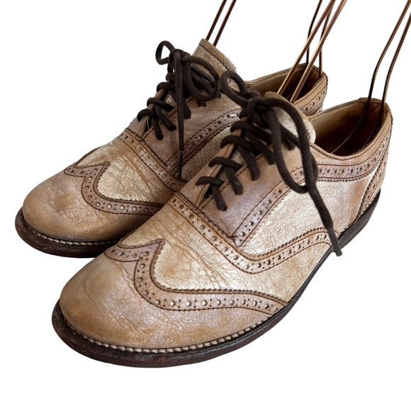 Bed Stu oxfords Lita 7 beige crackled distressed leather wing tip lace up flat - Picture 1 of 11